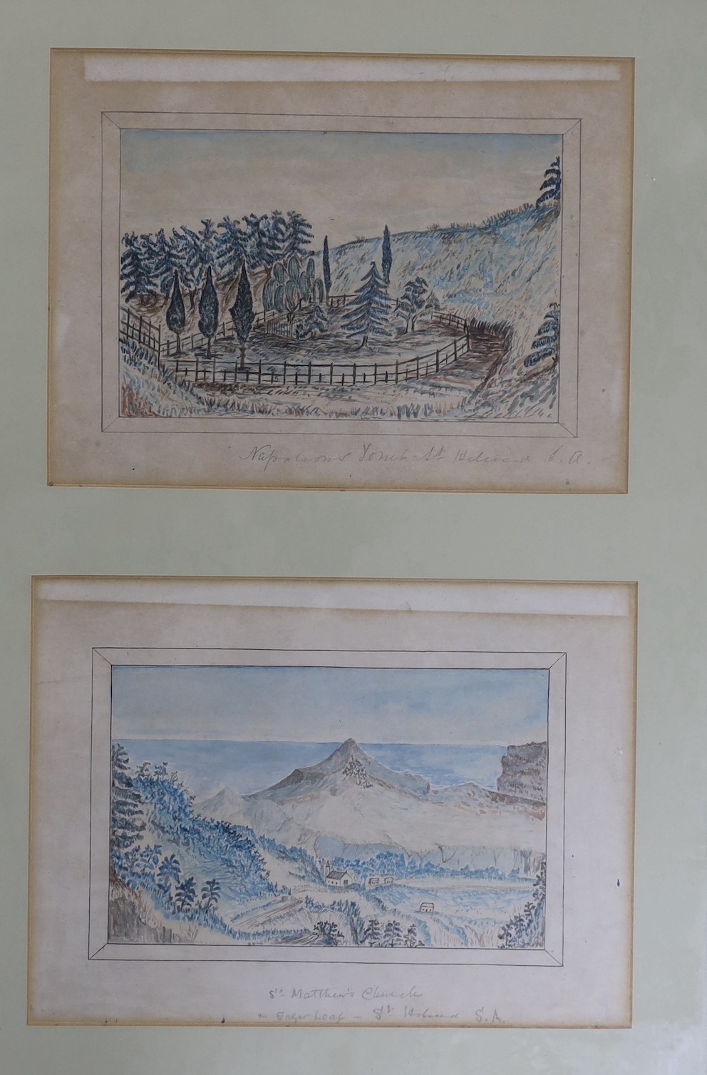 Naive English School, 19th century, four watercolours, depicting St Helena, including Napoleon’s tomb, inscribed
